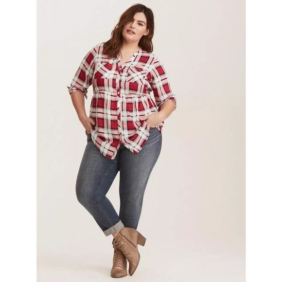 Torrid Emma Tunic Womens 3X Red Pink Plaid Babydoll Challis Button-Front Top - Picture 10 of 10